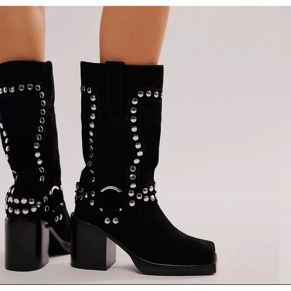 Jeffrey Campbell Gretchen Studded Square Toe Boots Black 6 - Picture 2 of 5